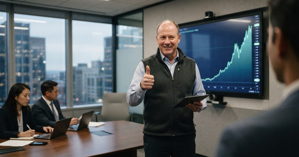 A confident tech executive in a fleece vest standing in front of a glowing line chart that is trending sharply upwards, giving a thumbs up in a modern.