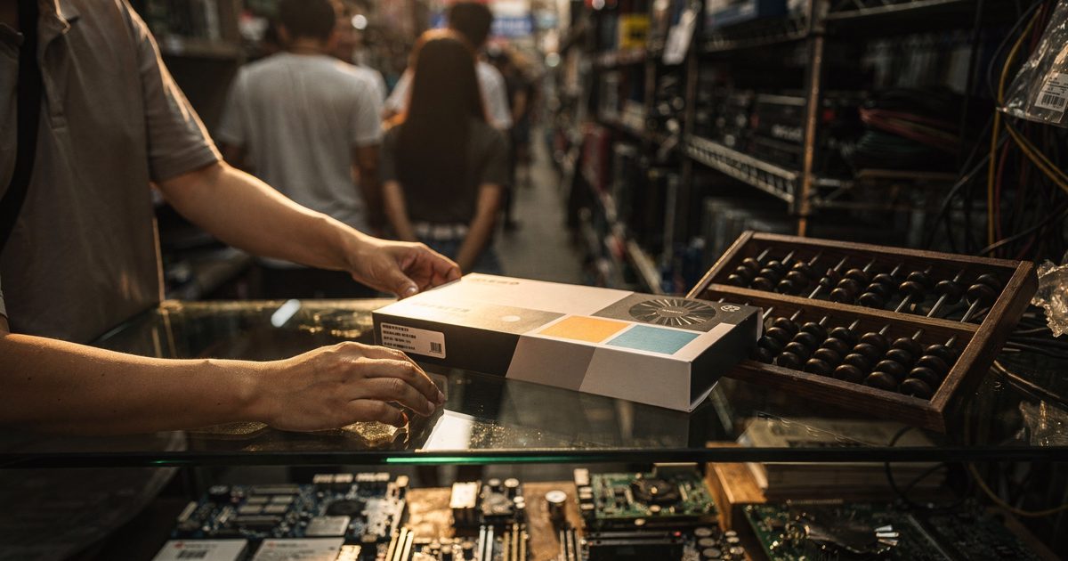 Late-afternoon sun slanting down a Shenzhen electronics market aisle, a stallholder's hands cropped at the wrists sliding a boxed graphics card across a glass.