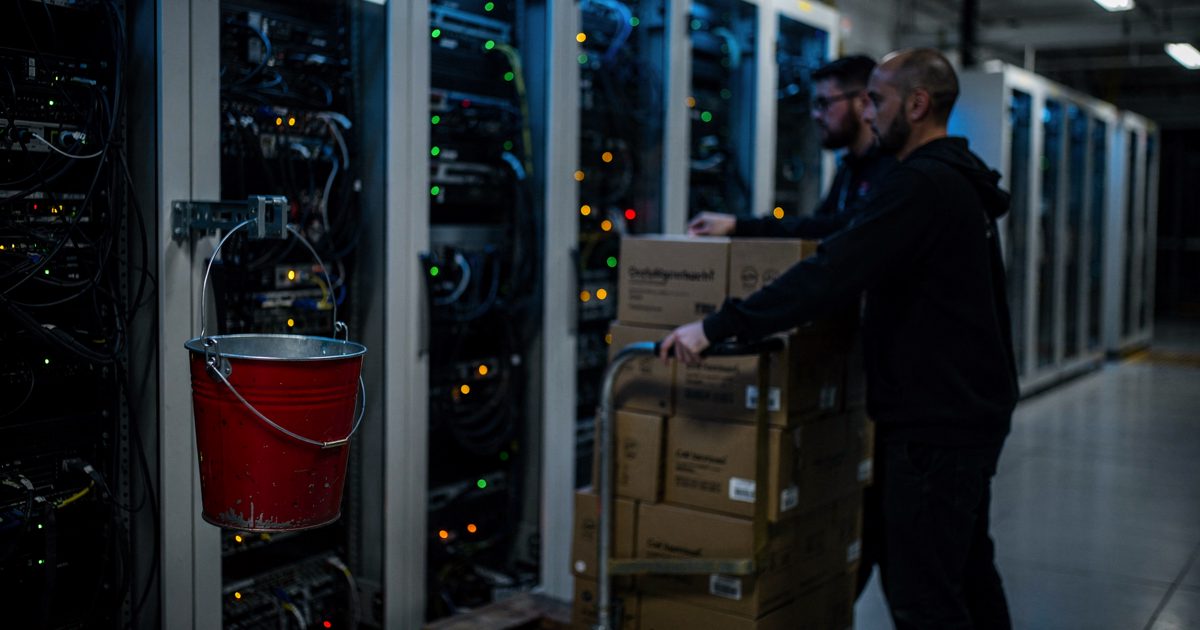 In the blue night glow of a downtown San Francisco server hall, two workers in dark hoodies seen from the side wheel a pallet of graphics-card boxes past a red.