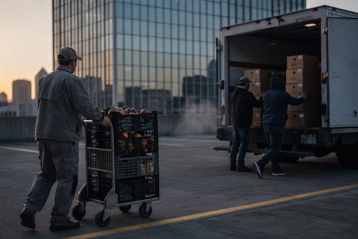 At dawn on the concrete loading dock of a South of Market office tower, a worker seen from behind rolls produce crates to a stop at a yellow floor line while.