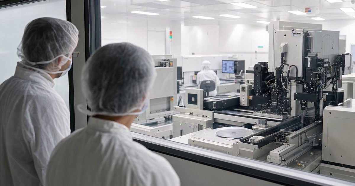 A documentary-style photograph inside a bright, minimalist semiconductor testing laboratory, with anonymous engineers in clean-room clothing observing.