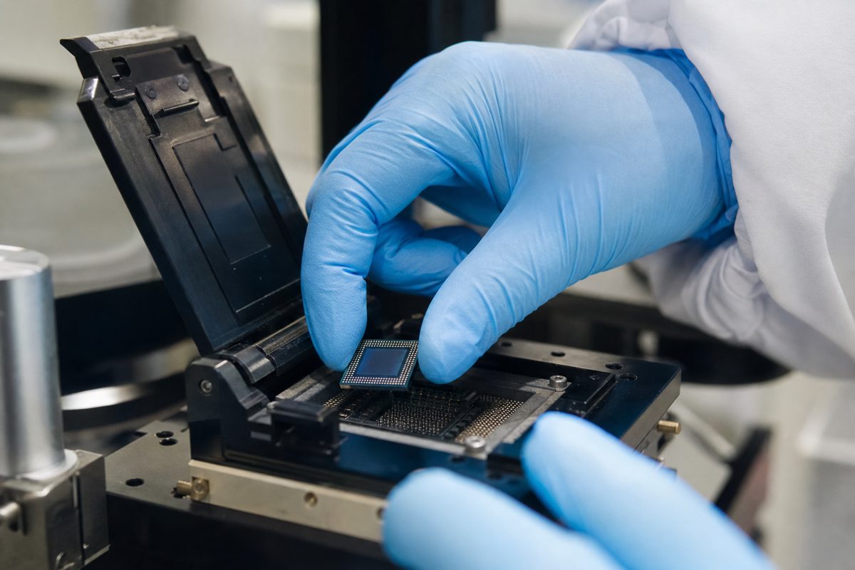 A close news photograph of gloved hands placing a small semiconductor component into a precision testing socket on a laboratory bench, neutral lighting, no.