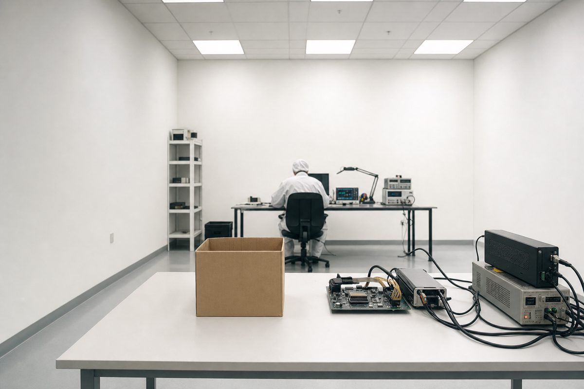 A wide editorial photograph of an empty white product-testing room containing a plain table, a cardboard box and electronic diagnostic equipment, with one.