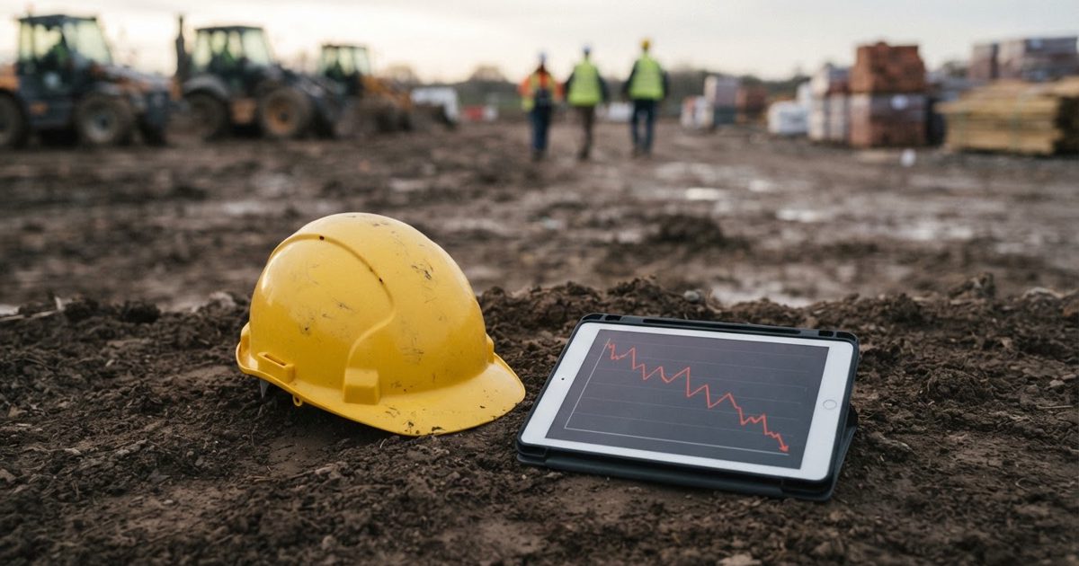 A close-up of a construction worker's yellow hard hat resting on a pristine, untouched patch of dirt, with a sleek, modern tablet next to it displaying a line.