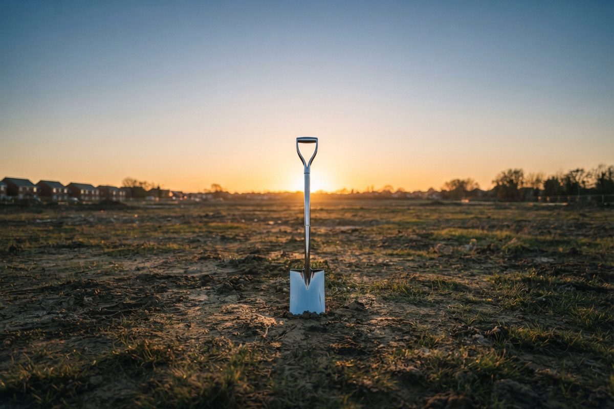 A wide shot of an empty construction site at dawn, devoid of any buildings or machinery, with a single, highly polished silver shovel standing upright in the.