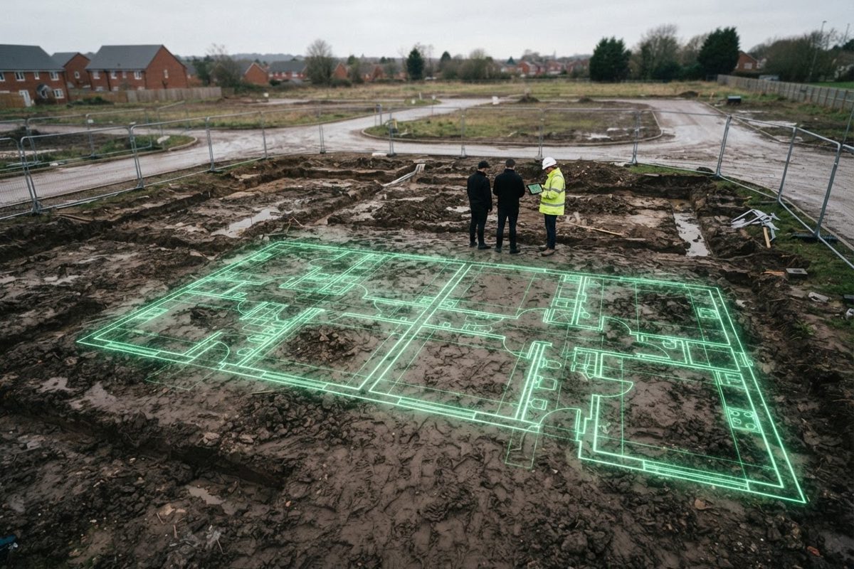 A dynamic, high-angle shot of an empty, muddy footprint of a foundation, with glowing neon green digital lines superimposed over the dirt to suggest virtual.