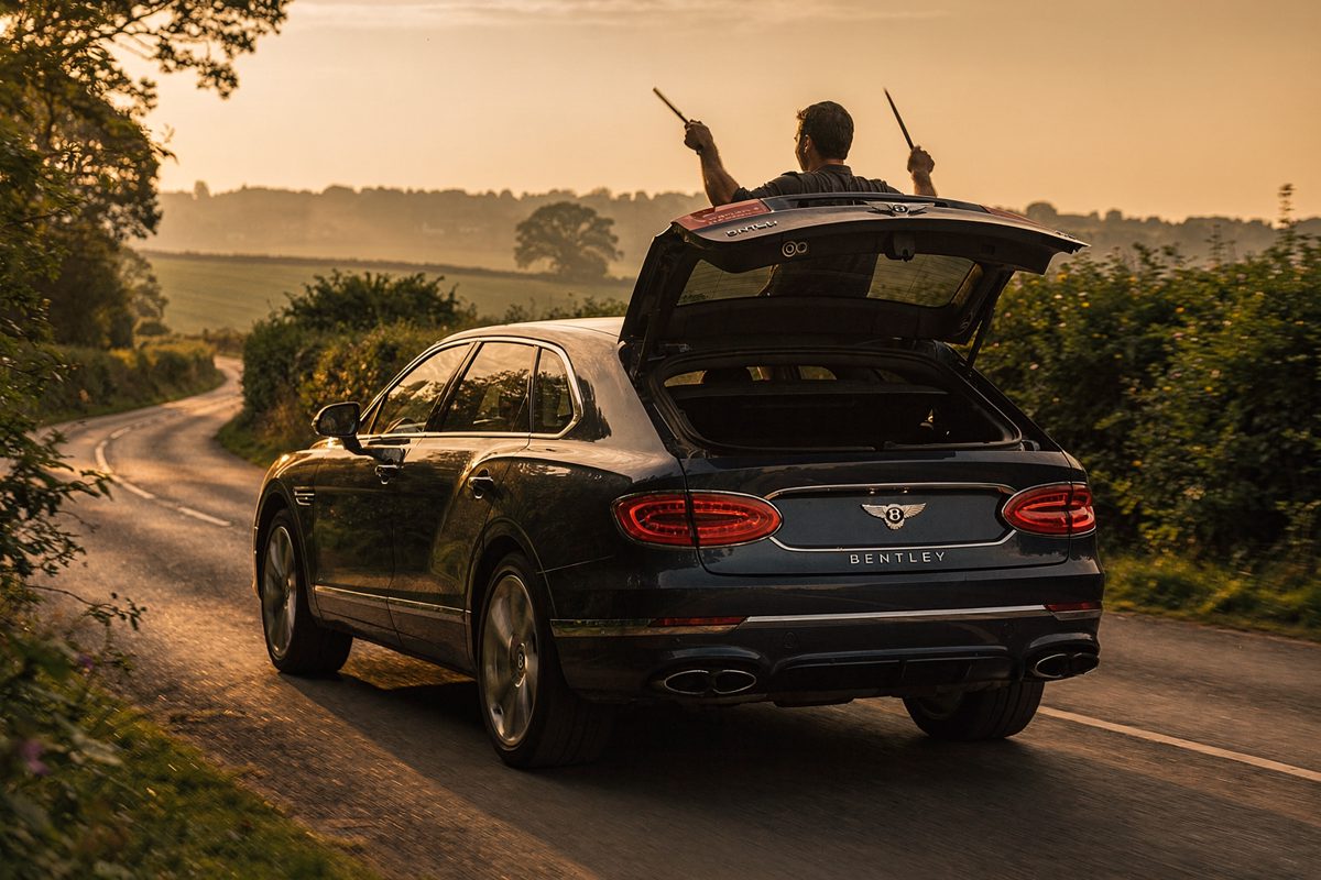 Wide shot at golden hour on a Cheshire country lane lined with hedgerows, a dark luxury SUV pulling away from the camera with its tailgate propped slightly.