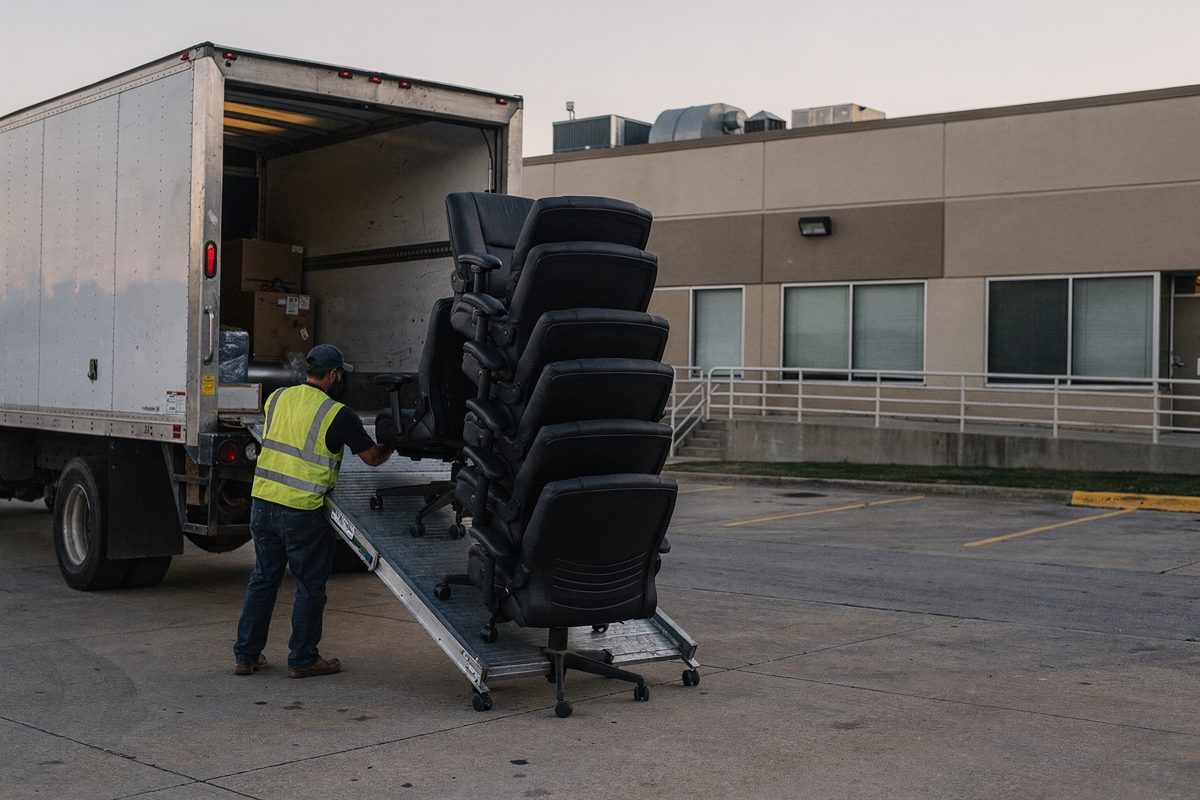 Wide shot at pale early-morning sun on a loading dock behind a low Omaha-style office campus, two workers seen from behind easing a vertical stack of nine.