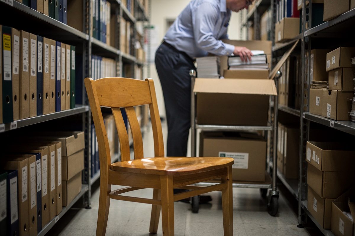 Mid-shot at noon under cool overhead light in a records aisle, a staffer cropped above the mouth leaning into a cardboard box of bound shareholder letters.