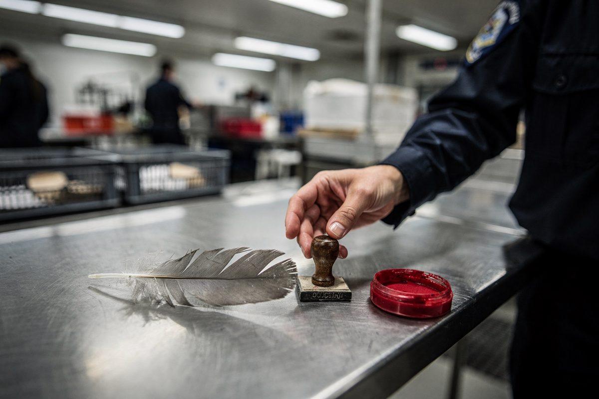 Close detail under flat fluorescent light in a customs inspection bay, a single grey goose feather lying on a stainless steel counter beside an inked rubber.