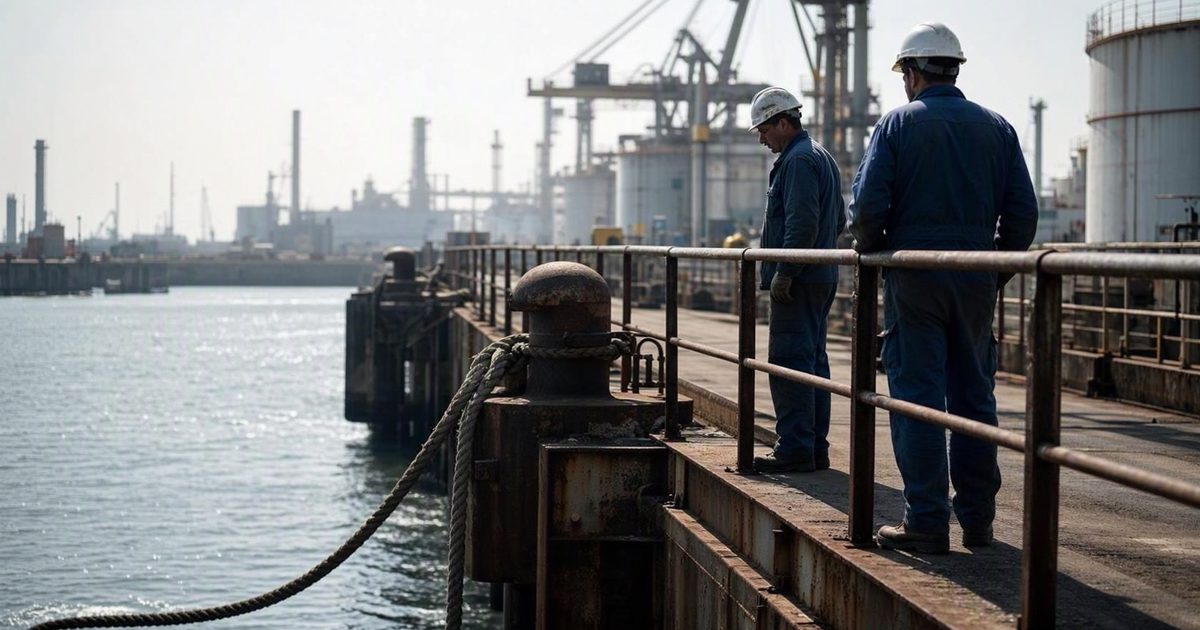 Harsh midday sun on a crude oil terminal berth, two dockworkers in hard hats small in the wide frame on a steel catwalk, a thick mooring line hanging slack.