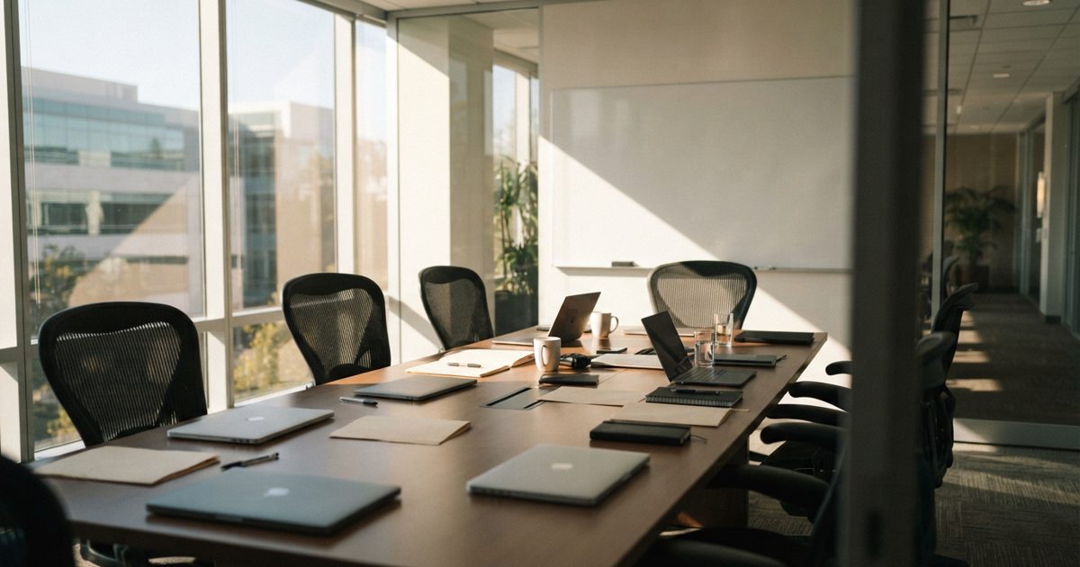 A sunlit glass conference room in a Silicon Valley venture office, long table scattered with closed laptops and unmarked folders, empty mesh chairs, a.