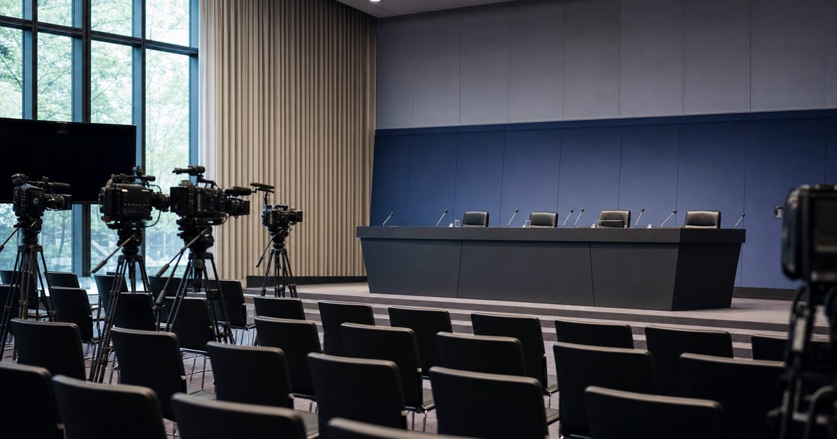 News photograph inside a modern international sports administration headquarters, showing an empty executive podium, rows of unoccupied chairs and television.