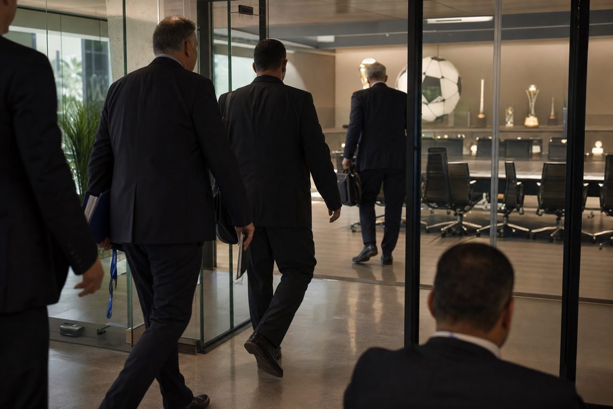 News photograph of anonymous suited officials seen from behind entering a glass-walled conference room with folders and accreditation lanyards, polished table.