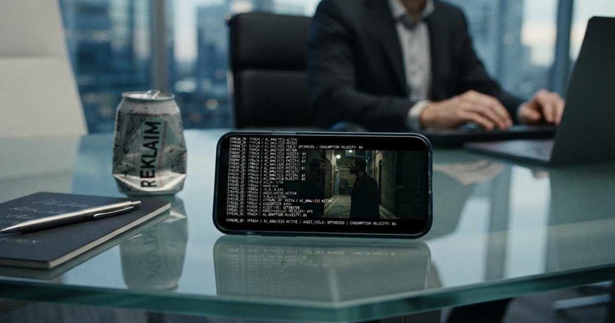 A close-up of a glowing smartphone screen displaying rapid lines of data code layered over a paused streaming movie scene, resting on a sleek glass boardroom.