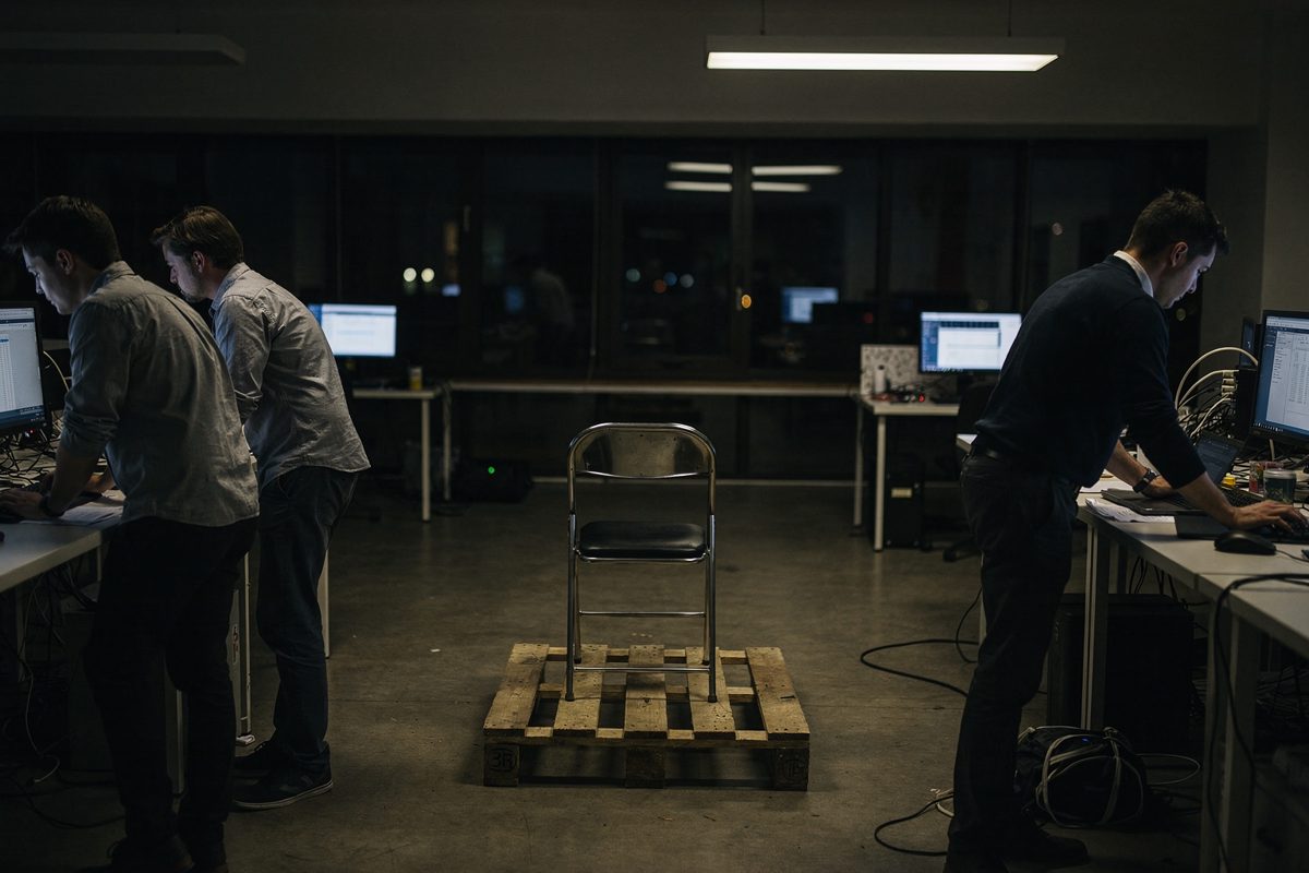 Wide shot of a fluorescent-lit open-plan office late at night, four young analysts seen from behind at standing desks facing a single folding chair set alone.