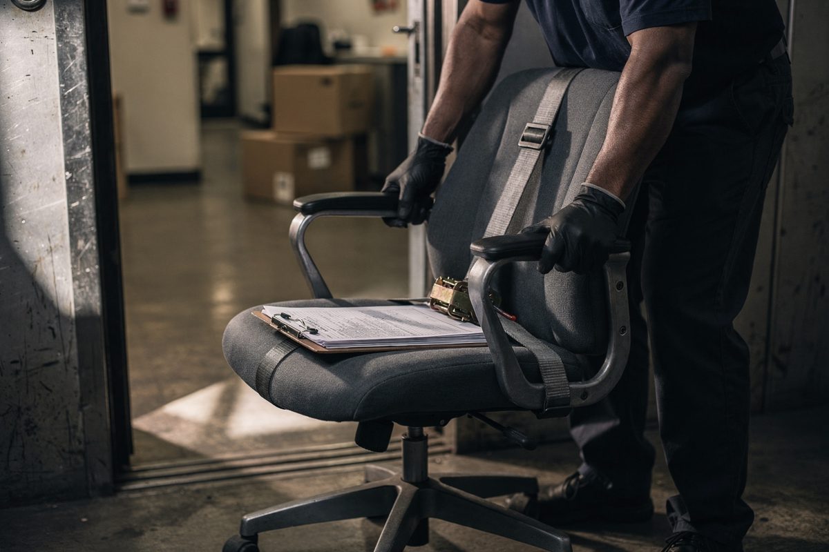 Hard morning sunlight in a Manhattan freight elevator, two movers cropped at the waist strapping an office chair to a hand truck, a chain-of-custody clipboard.