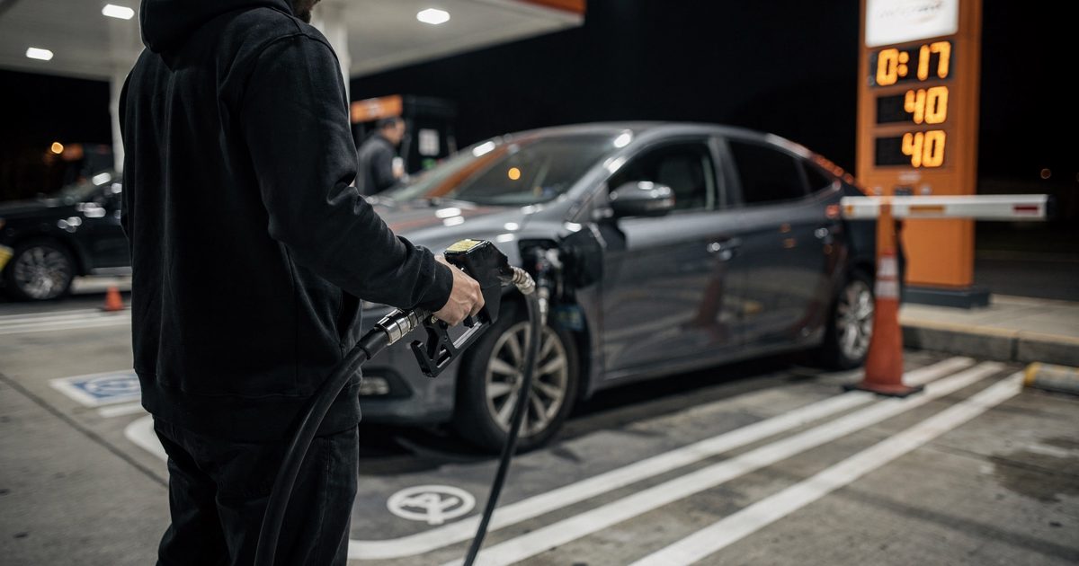 Under harsh canopy lights at a suburban gas station after dark, a cropped figure in a hoodie grips a pump nozzle in a sedan’s filler neck while an orange price.