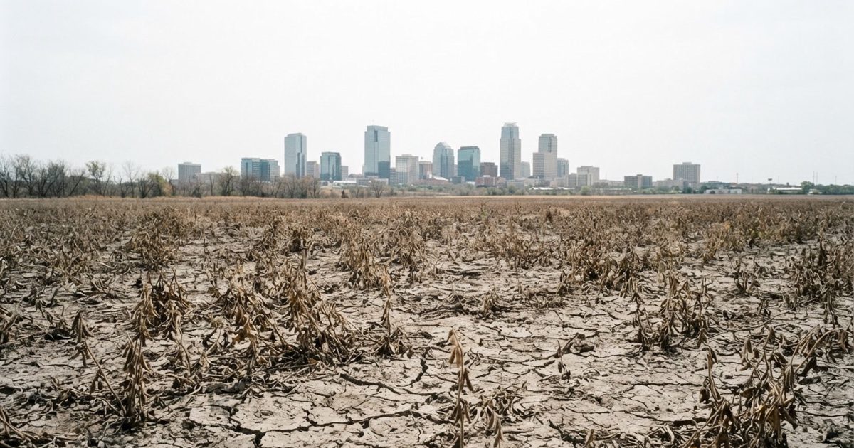 A cracked, dry field of stunted soybean plants under a hazy white sky, with a modern glass office tower visible far in the distance beyond the treeline, shot.