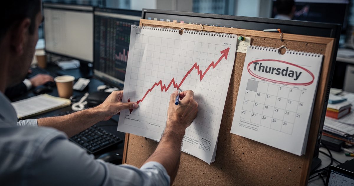 Close hard morning light on a trading-desk monitor edge where an analyst's hands pin a printed engagement chart with a steep red line beside a desk calendar.