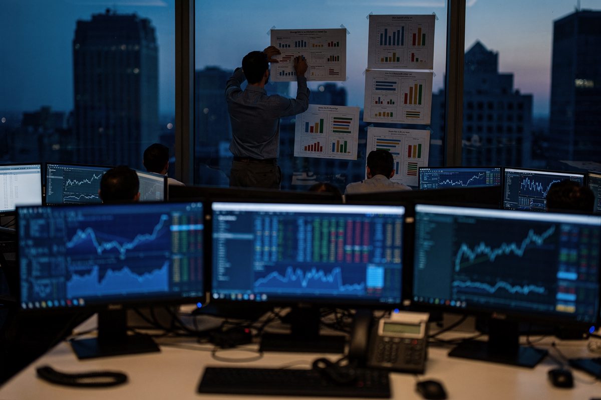 Wide dusk view across an open-plan fund office lit by rows of blue screens, a figure with back to camera taping streaming-audience printouts up a.