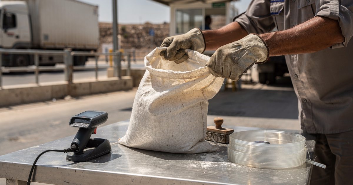Close detail in hard noon glare at a Gaza commercial crossing inspection bay, a worker's forearms and gloved hands holding open an empty flour sack above a.