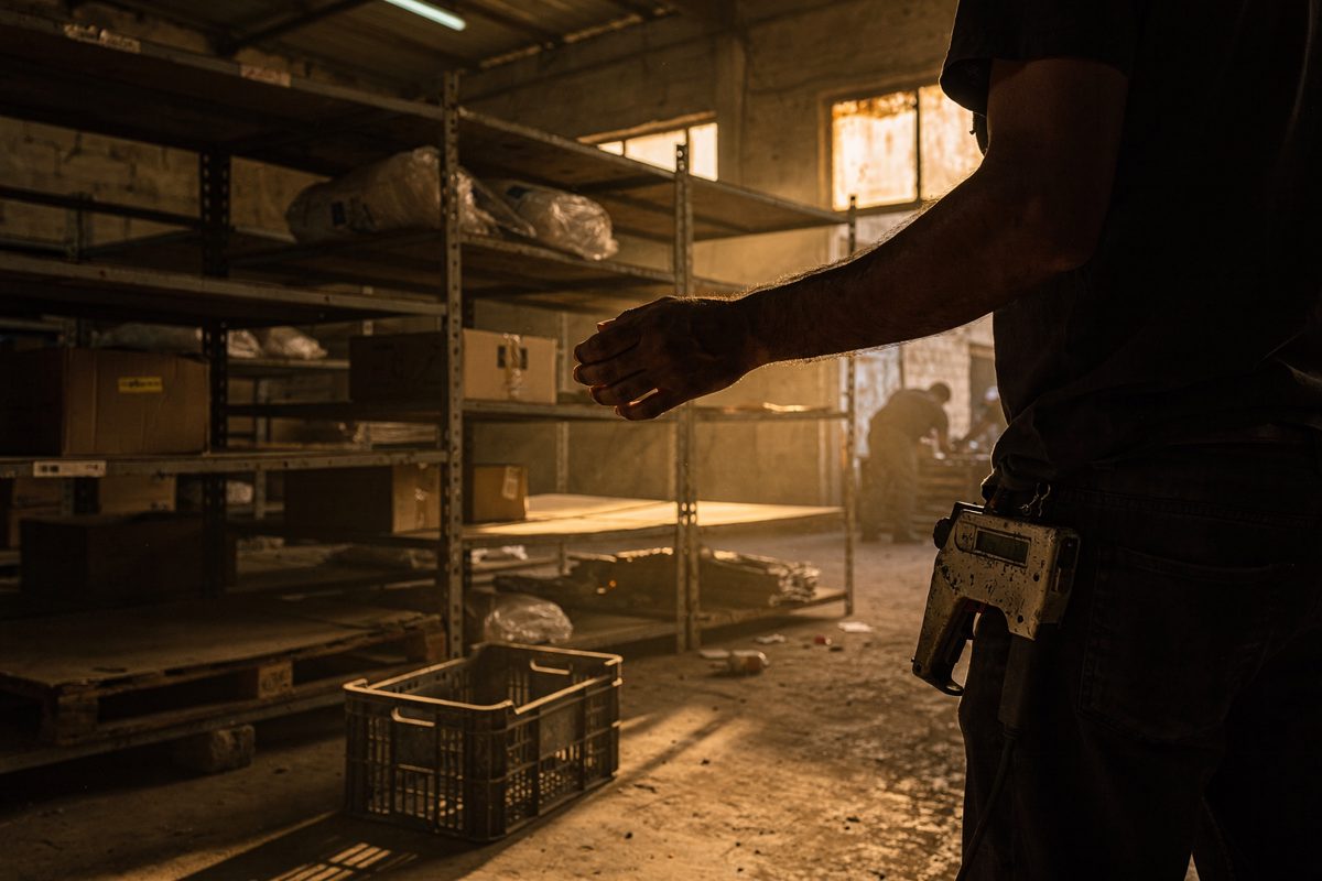 Medium shot in warm dusty late-afternoon light inside a Gaza City wholesale storeroom, a worker cropped above the shoulders by the frame edge reaching toward a.