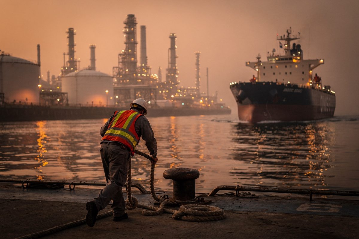 Wide shot of a Gulf Coast fuel terminal dock at deep orange twilight, a dockworker seen from behind hauling a thick mooring line toward a bollard as a product.