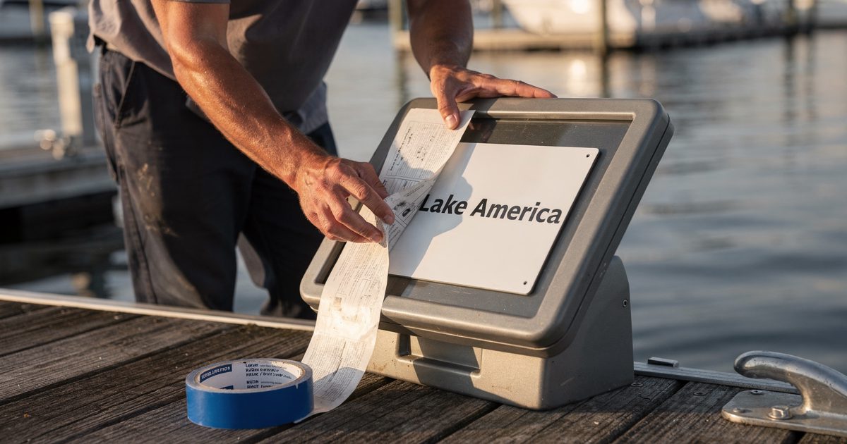 Bright late-afternoon sun along a municipal marina finger pier as a worker seen from the chest down peels a strip of vinyl from a weather kiosk and seats a new.