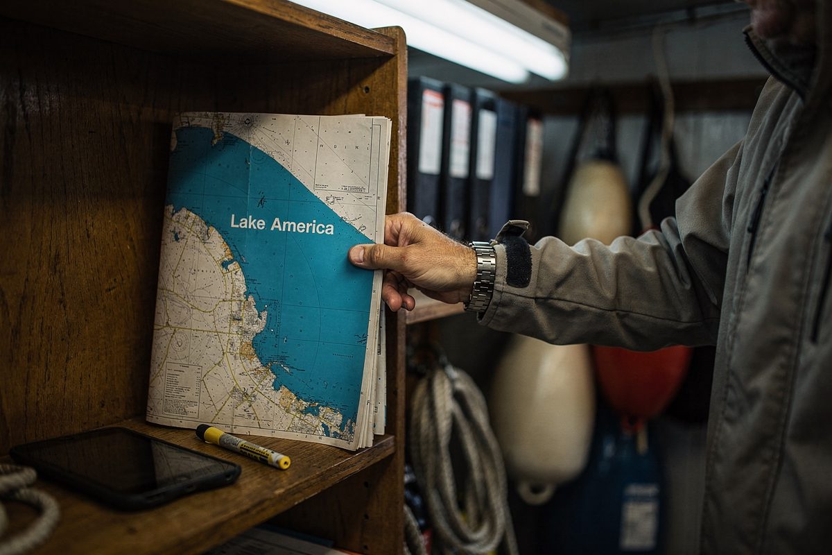 Close shot under cool fluorescent tubes in a lakeside boathouse as a hand slides a folded chart into a wooden cubby, the water body marked "Lake America" in.