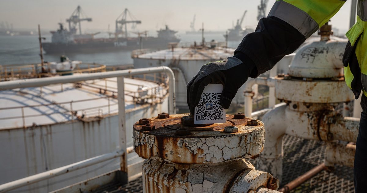 Close shot in hard late-afternoon Gulf Coast sunlight on a refinery tank farm catwalk, a gloved hand pressing a small QR-code decal onto the rust-streaked.