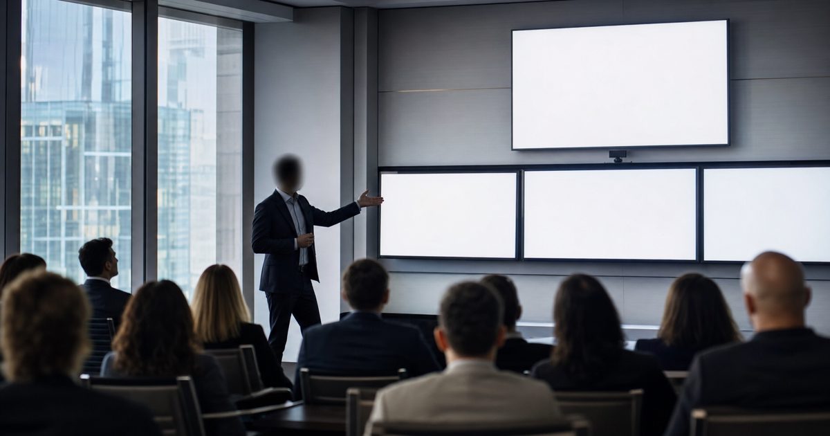 A realistic financial news photograph of an anonymous corporate presenter gesturing toward several blank glowing monitors in a modern conference room, audience.
