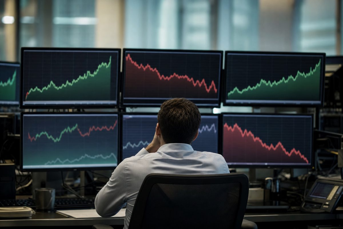 A realistic newsroom photograph of an anonymous market analyst seated at a workstation with abstract upward and downward chart shapes on multiple screens.