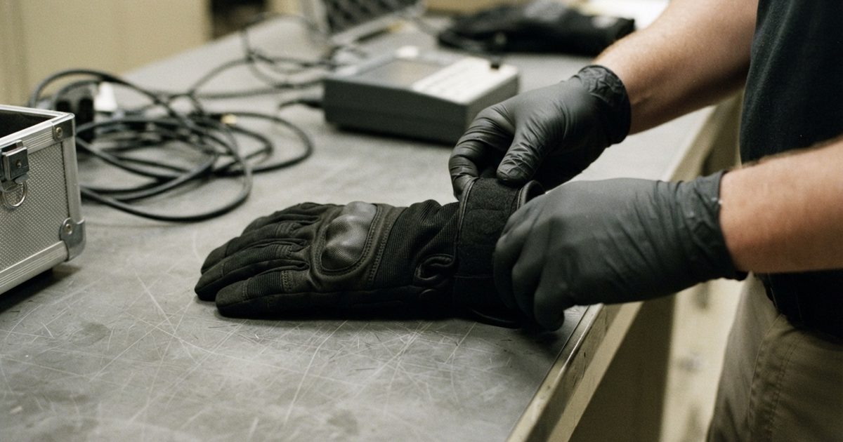 Photojournalistic close-up of anonymous gloved hands examining a bulky black tactical glove on a government equipment table, fluorescent institutional.