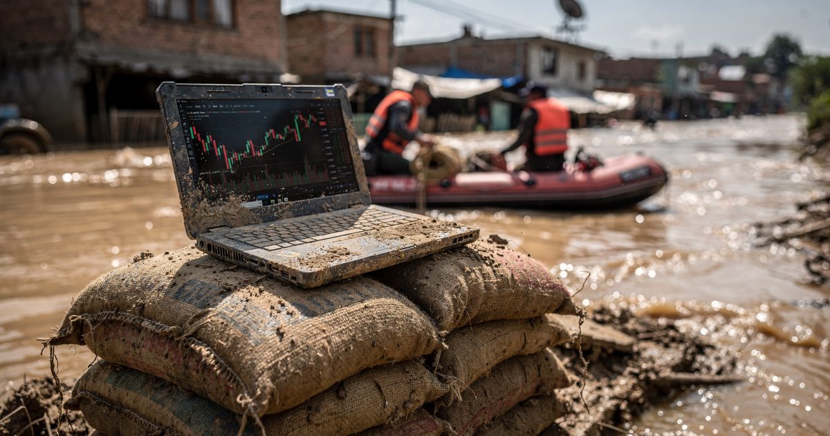 Harsh midday glare reflecting off a muddy floodwater channel, a ruggedised laptop displaying a red and green candlestick trading chart balanced precariously on.