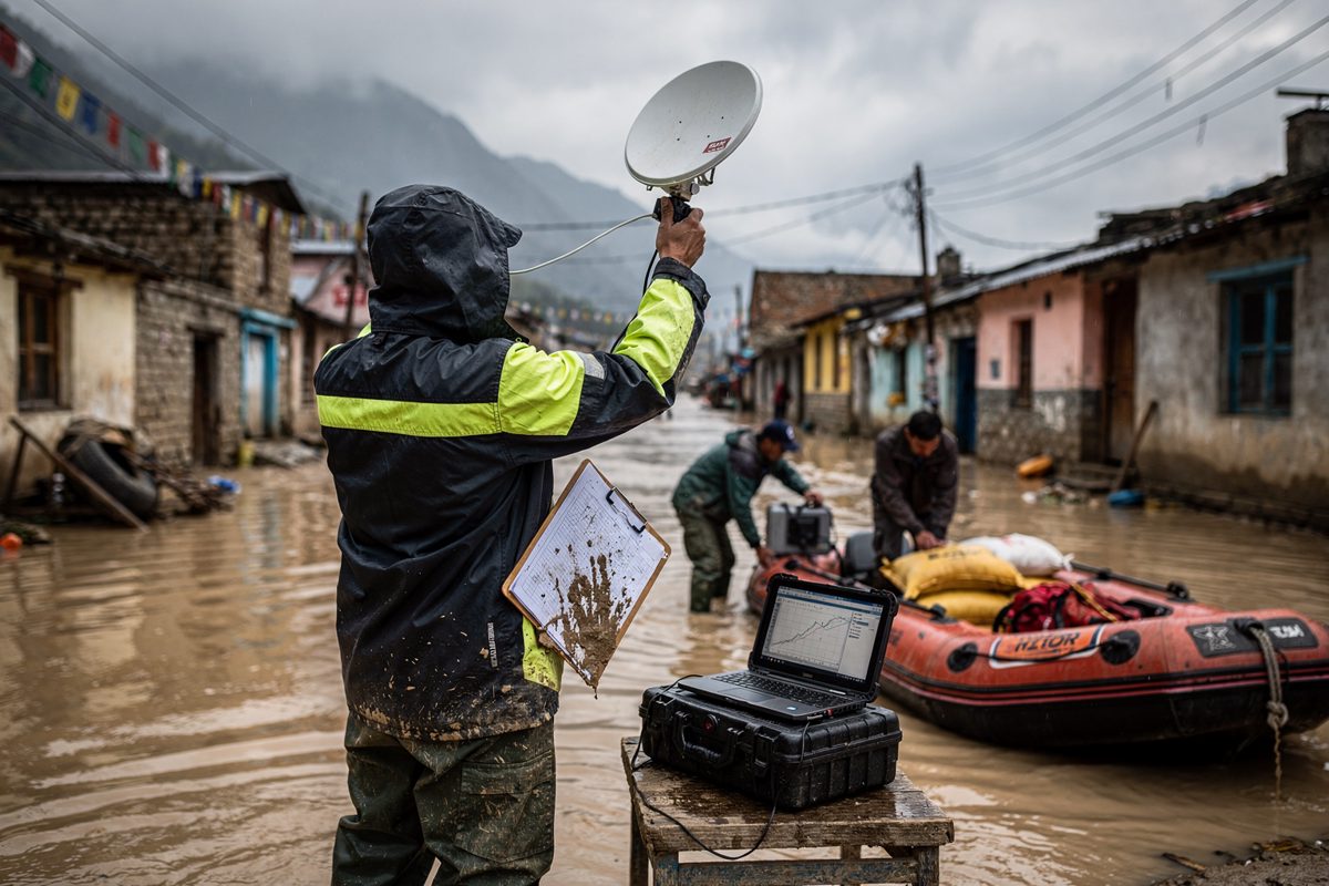 Overcast morning light in a submerged Himalayan village street, an aid worker wearing high-vis waders seen from behind aiming a portable satellite dish at the.
