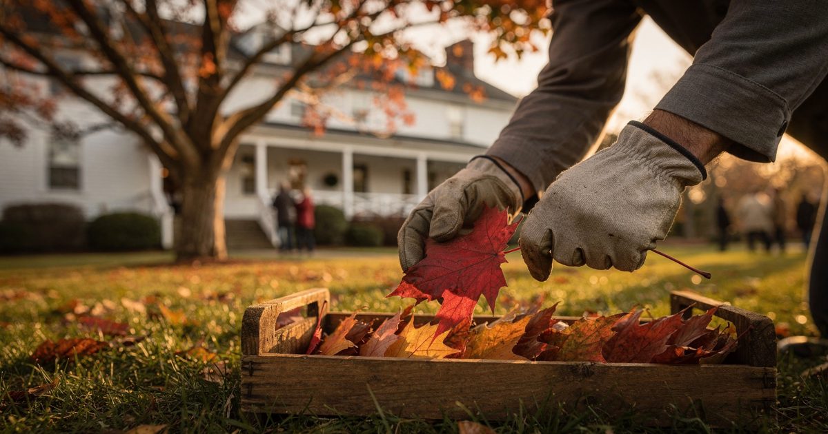 Close detail in low golden late-afternoon autumn light on the clipped front lawn of a white clapboard New England country inn, a groundskeeper's gloved hands.
