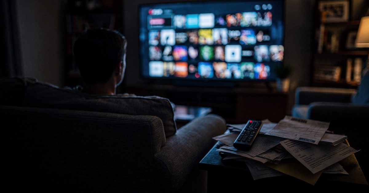 Mid-shot from behind a sofa in a dark suburban living room at midnight, a viewer visible only as a silhouette and the back of a head lit blue by a television.