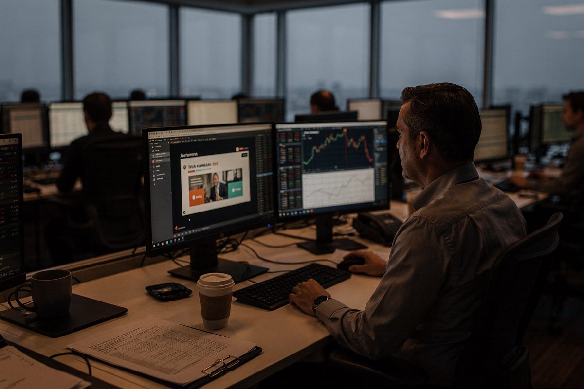 Wide shot at grey dawn across a nearly empty hedge fund trading floor, a lone analyst in shirtsleeves seen from the side with his face turned to a bank of.