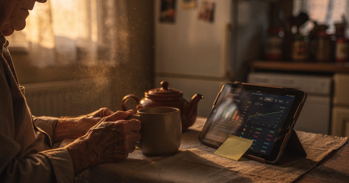 Close shot in low warm afternoon sun through a net-curtained kitchen window of a terraced house, an older person's hands cropped at the wrists cradling a mug.