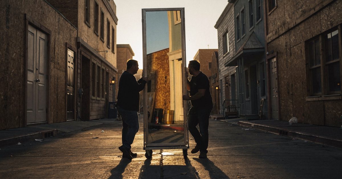 Low evening sun glares across the pavement of a studio backlot as two crew members in silhouette push a tall wheeled mirror between rows of plywood building.