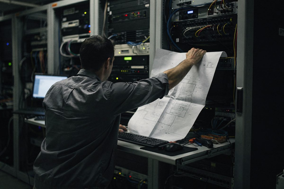 Pale monitor glare lighting a basement server room, a technician seen from behind reaching across a server rack to flatten a creased paper architectural.