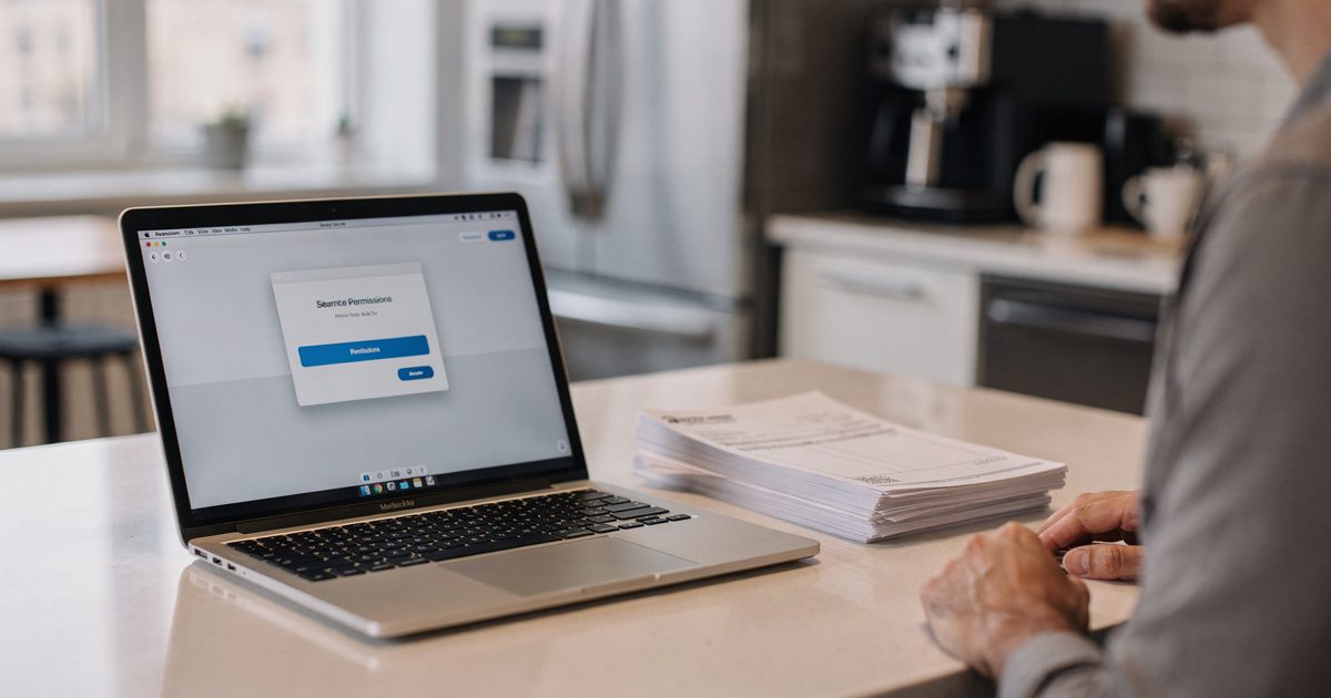 Close detail of a shared laptop screen in a bright open-plan startup kitchen at mid-morning, showing a locked document permissions dialog, with a stack of.
