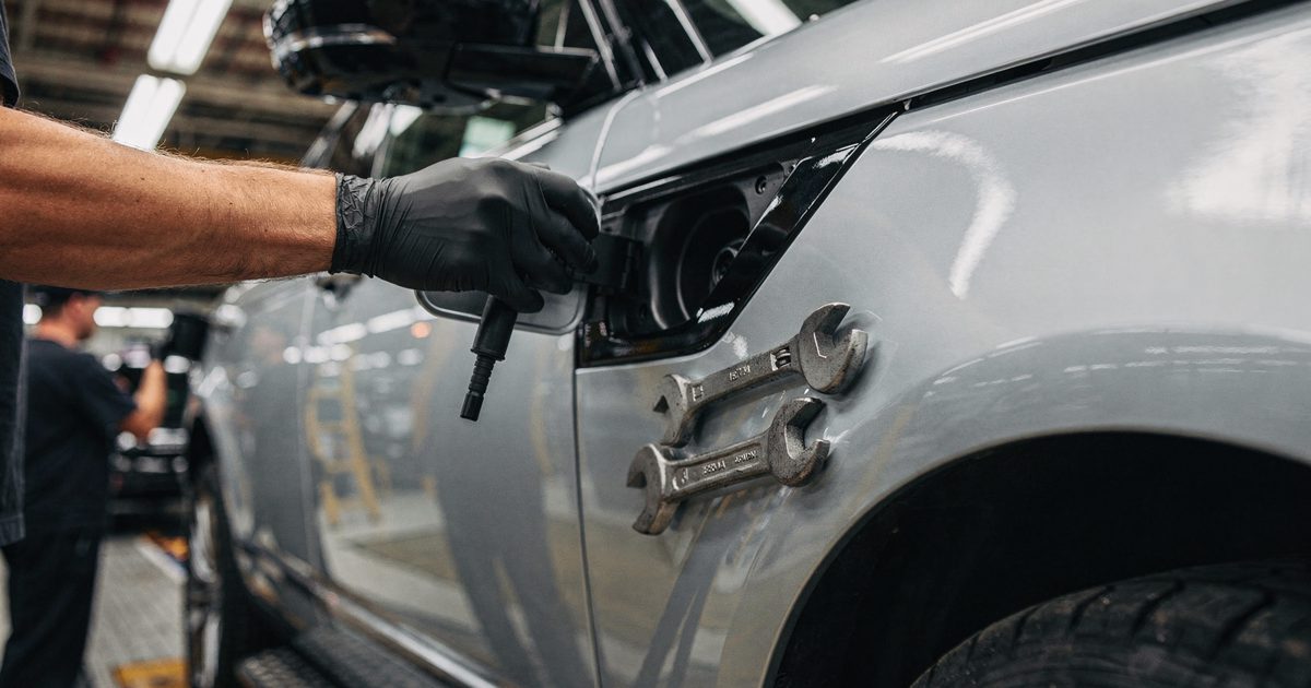 Close detail under harsh overhead factory lighting on the Solihull assembly line as a gloved hand cropped at the wrist clips shut the charging-port flap on a.