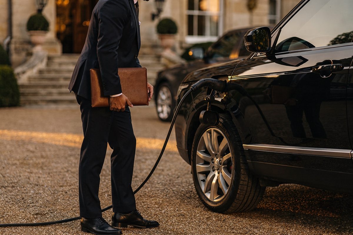 Golden evening light on a country-house hotel forecourt as a valet framed from the waist down plugs a thick charging cable into a large dark SUV, a leather.