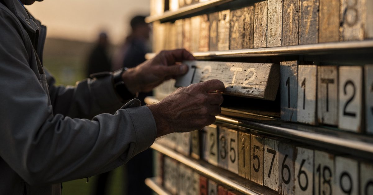 Close detail in low golden evening light of a volunteer's bare hands sliding two painted name plates into a single slot on a manual links-course scoreboard, a.