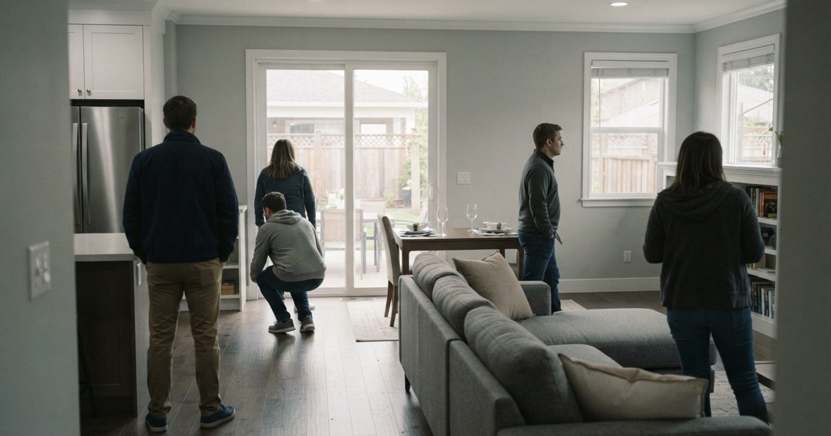 A documentary-style news photograph of a quiet suburban open house with several anonymous prospective buyers viewed from behind, neutral daylight, no visible.