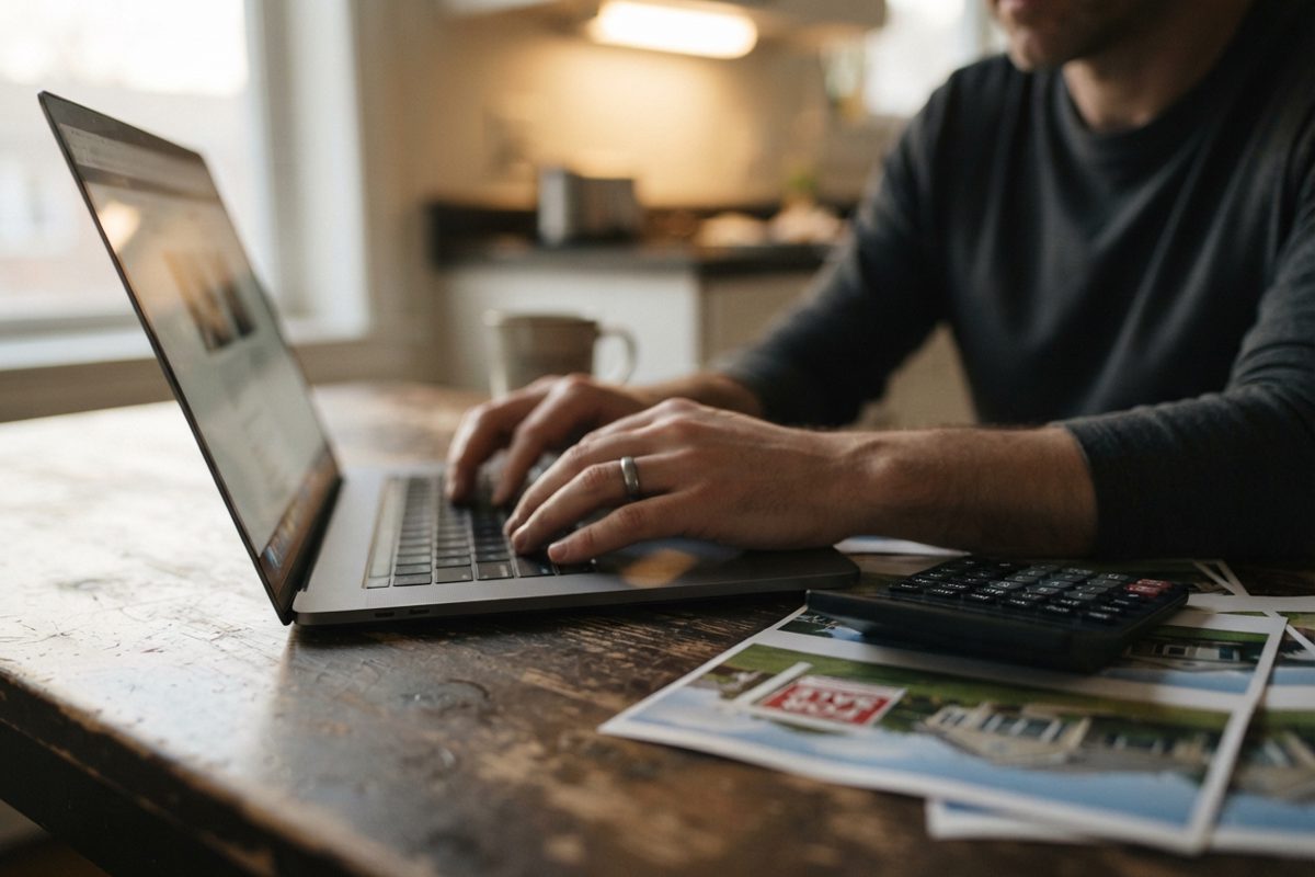 A close news photograph of an anonymous person’s hands using a laptop at a kitchen table while printed property photographs and a calculator lie nearby, screen.