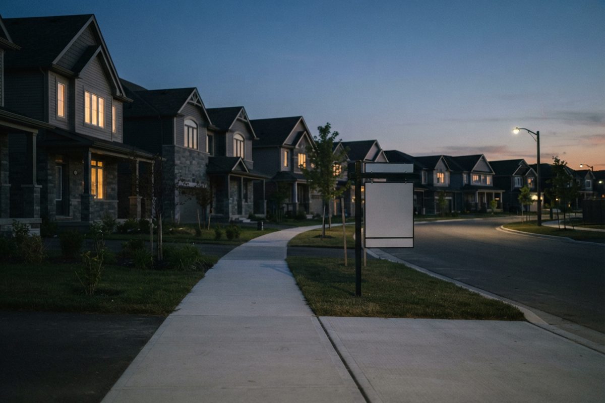 A wide photojournalistic shot of newly built suburban houses at dusk with an empty pavement and a generic real estate post without readable text, no people in.