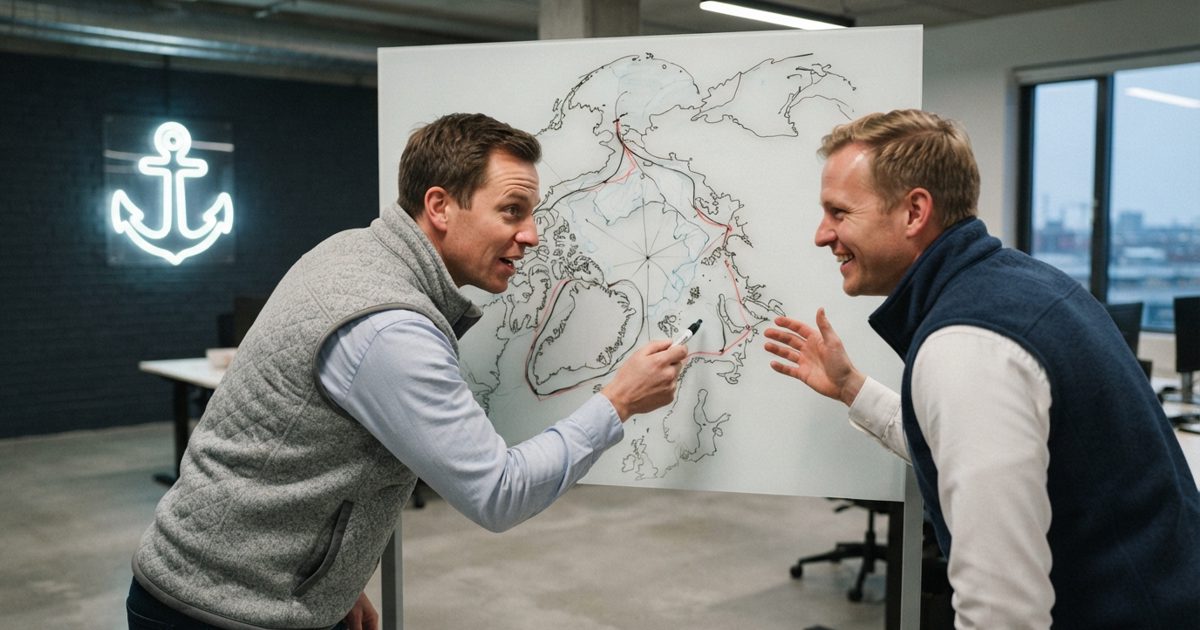 A sleek, minimalist tech office with a glowing neon sign shaped like an anchor. Two men in expensive fleece vests enthusiastically point at a digital map of.